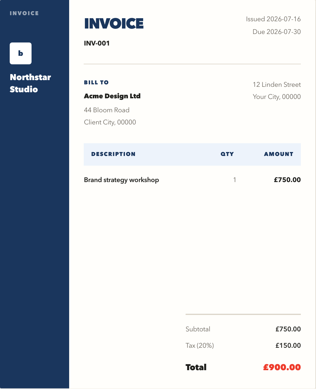 Corporate professional invoice template with a navy sidebar and formal business layout