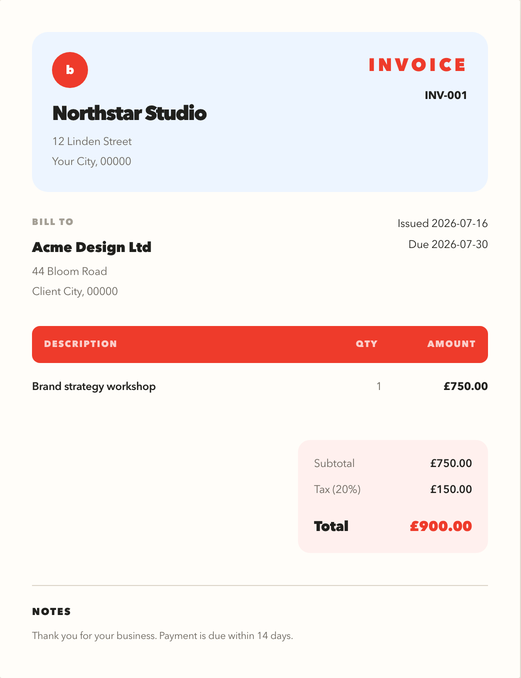 Creative freelancer invoice example with a bright coral header and professional payment summary