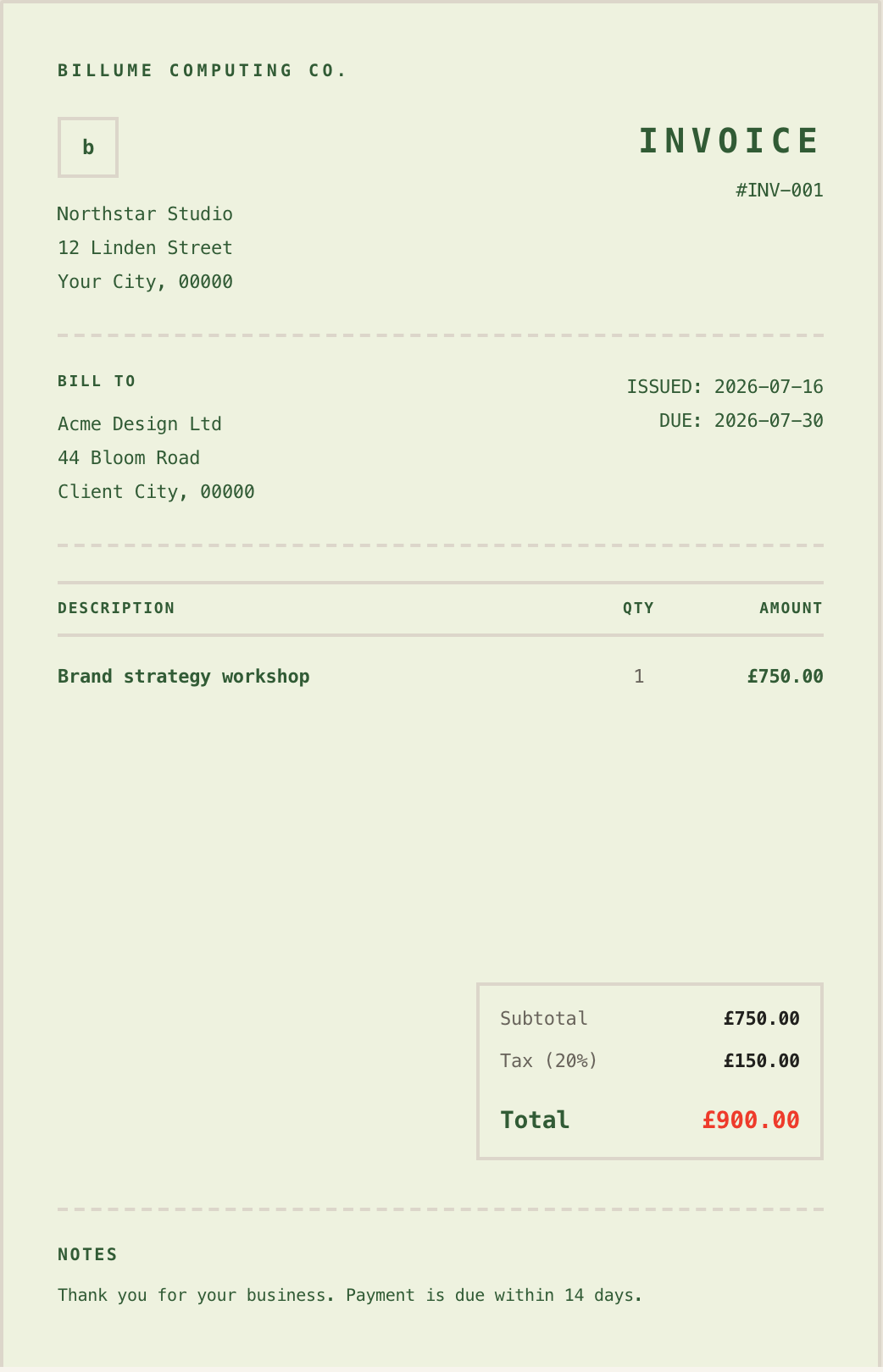 Developer freelancer invoice template with a tactile green dot matrix design