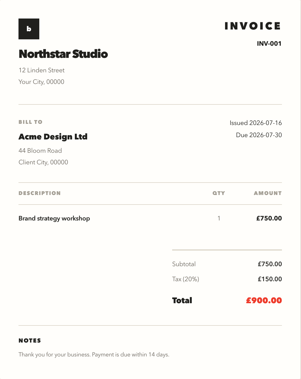 Minimal professional invoice template with a clean black-and-white layout