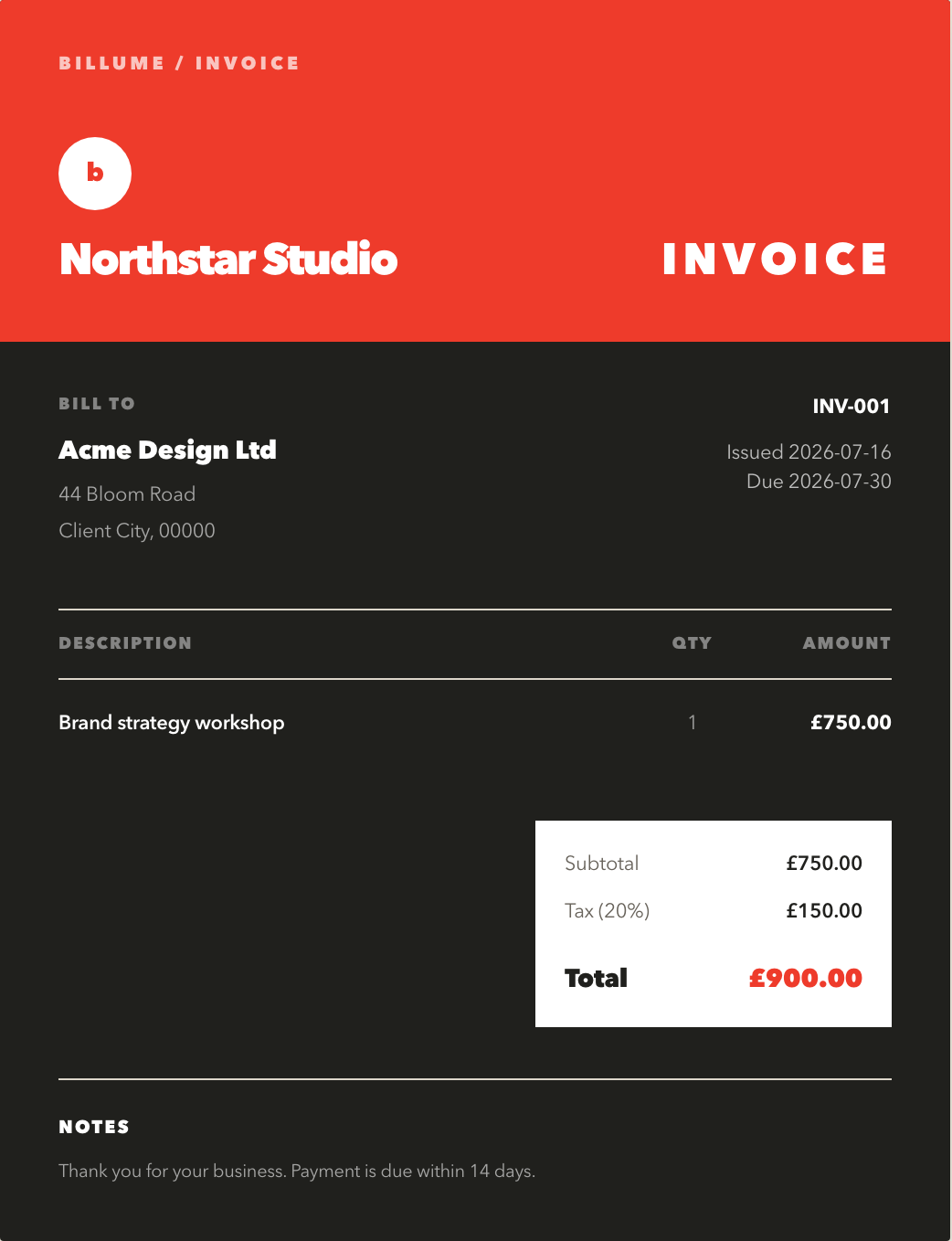 Bold creative invoice template with a coral header, dark background, and clear total