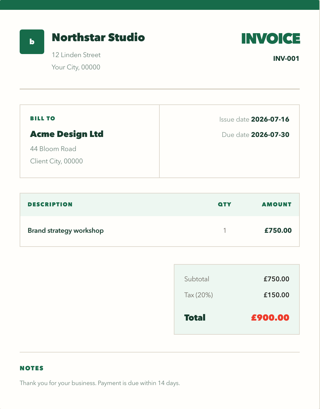 Financial services invoice example with a green accent and itemized payment details